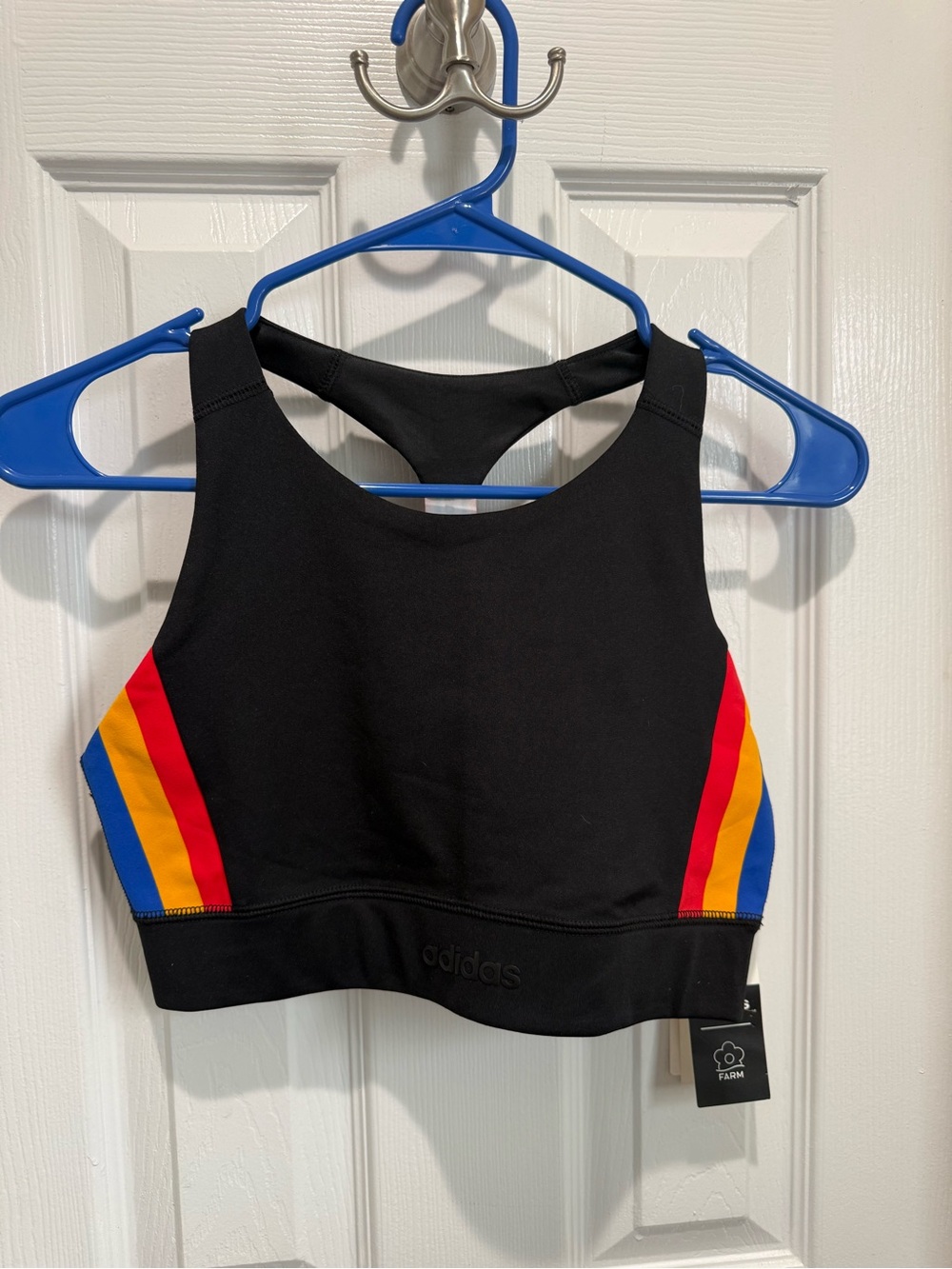 adidas Black High-Neck Sports Bra with Rainbow Side Stripes Farm Rio collab gym - Picture 10 of 10
